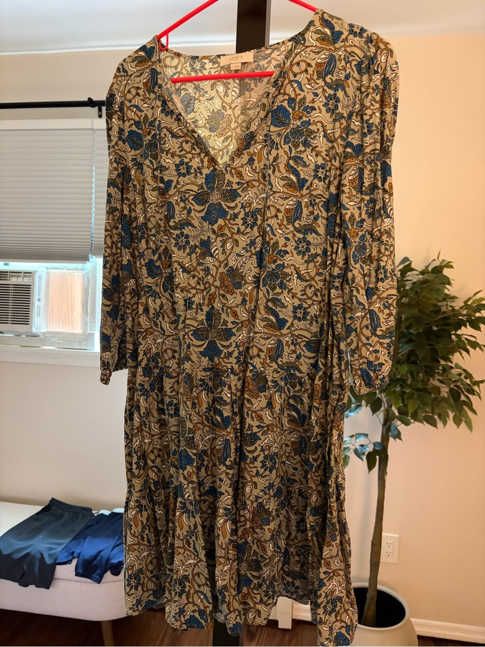 LOFT Blue and Beige Floral V-Neck Long Sleeve Midi Dress